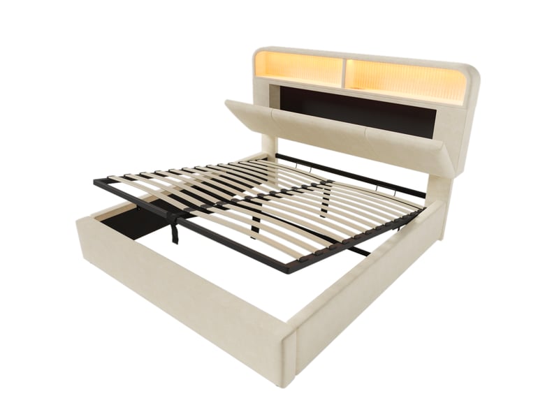  Lit double capitonné 180x200 cm,lit coffre hydraulique,tête de lit réglable avec led,ports usb et type-c,velours,beige  - Conforama A