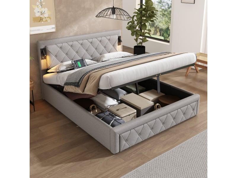  Lit coffre 160x200 cm gris led usb tête losanges et sommier lin  - Conforama E