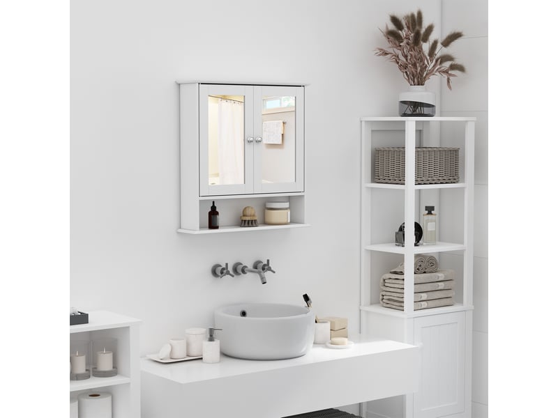  Meuble mural salle de bain avec miroir 56 x 13 x 58 cm, 2 portes, 3 niveaux de rangement, en mdf, pour cuisine et salon  - Conforama C
