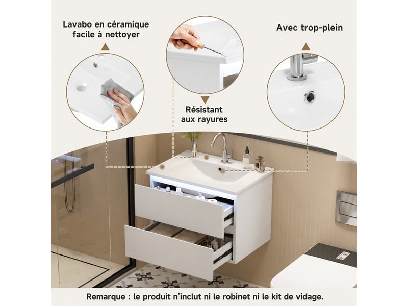  Meuble vasque suspendu blanc 61 cm avec lavabo en céramique, led à détection et 2 tiroirs  - Conforama E