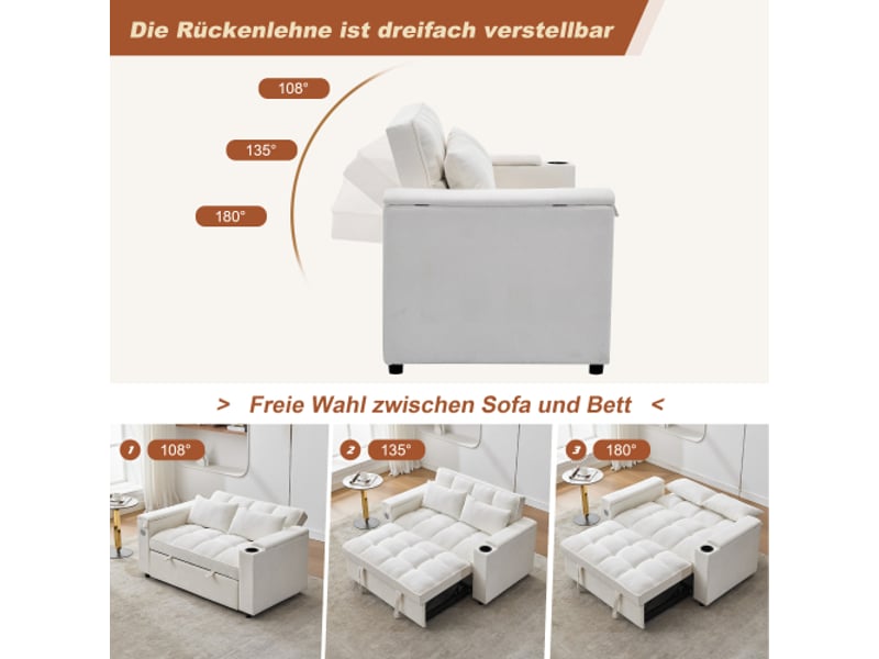 Canapé-lit convertible 3 en 1 140,5 x 74 x 82 cm, canapé 2 places avec dossier réglable, usb, table cachée et porte-gobelets, beige - Conforama D