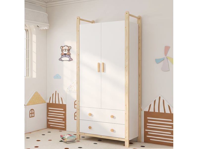  Armoire 2 portes modenvie avec penderie et 2 tiroirs 90 x 45 x 180 cm blanc et naturel  - Conforama B