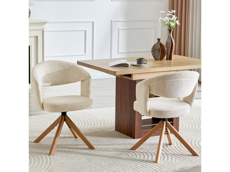  2 chaises pivotantes rétro-luxe, tissu crème, pieds bois massif, 81,5 cm, pivot 360° silencieux  - Conforama B