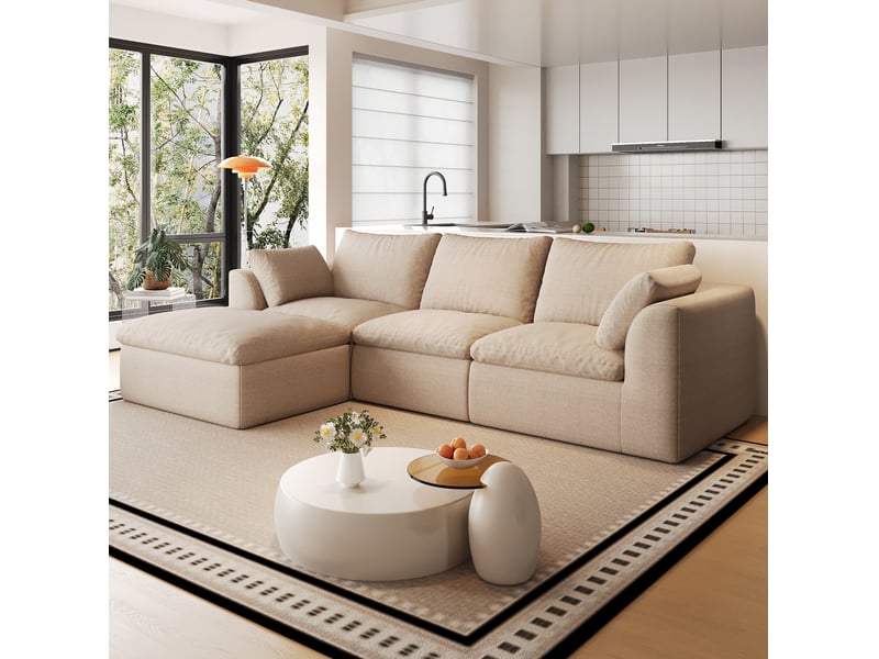  Canapé d'angle 4 places 245 x 155 cm kaki, tissu en lin et mousse haute élasticité, assise souple  - Conforama B