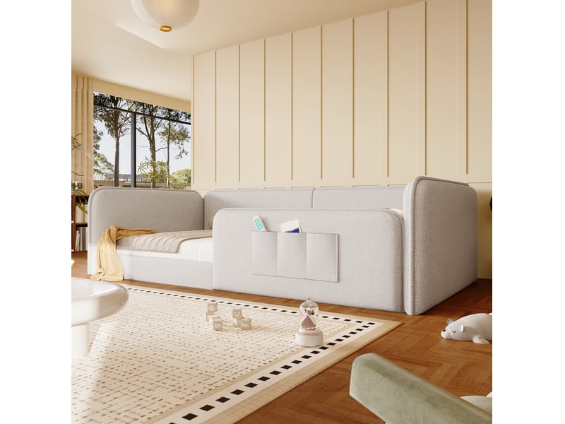  Lit plateforme 90x200 cm cadre rembourré, sécurité tout autour, poches latérales, mdf et lin beige sans matelas  - Conforama D