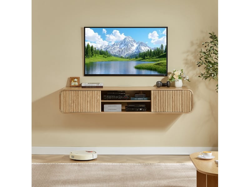  Meuble tv mural tcqpz 160 x 38 x 30 cm rangement ouvert passe-câbles coloris naturel  - Conforama D