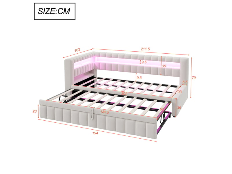  Lit gigogne 90x200 cm led, rangement et ports usb et type c en velours beige  - Conforama E