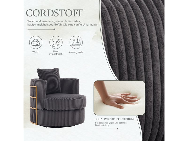  Fauteuil pivotant 360°  76 x 79 x 78 cm – coffre de rangement intégré &amp; coussin inclus –velours côtelé - gris foncé  - Conforama E
