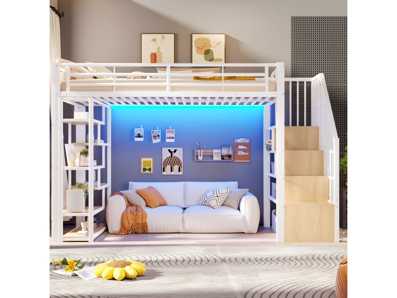  Lit mezzanine 90x200 cm, lit enfant, rangement, échelle sécurisée, barrière antichute, led, bois et métal blanc  - Conforama D