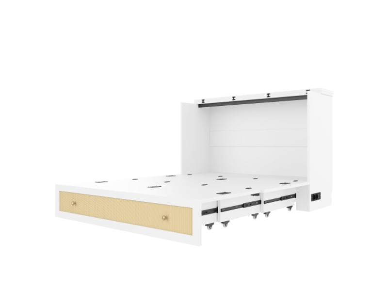  Lit escamotable, 140 x 200 cm, lit mobile avec tiroirs au pied du lit et étagère à la tête de lit, prises usb et électrique, lit plateforme convertible, matelas non inclus, blanc  - Conforama D