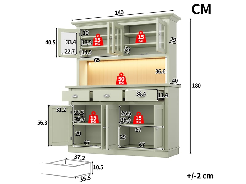  Buffet de cuisine haut 140x40x180 cm buffet vitrine avec 6 portes vitrée, 3 tiroirs étagères réglables, led rgb, vert Seren Glow - Conforama C