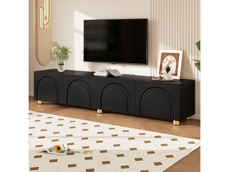  Meuble tv noir 180 cm avec 4 portes à relief 3d, meuble tv bas moderne avec pieds en métal pour salon, capacité 60 kg  - Conforama D