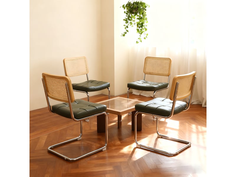  Lot de 4 chaises de salle à manger cantilever 53x46,4x84,6 cm, dossier en cannage rotin, assise rembourrée en similicuir, piètement chromé, vert  - Conforama B
