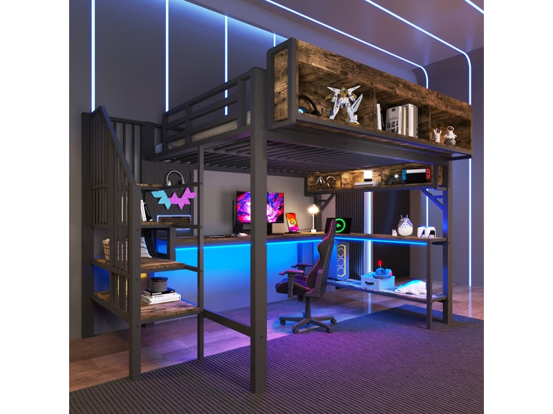  Lit mezzanine 140 × 200 cm led usb-c noir et brun avec bureau et rangements IKSETERA TRADING LTD - Conforama B