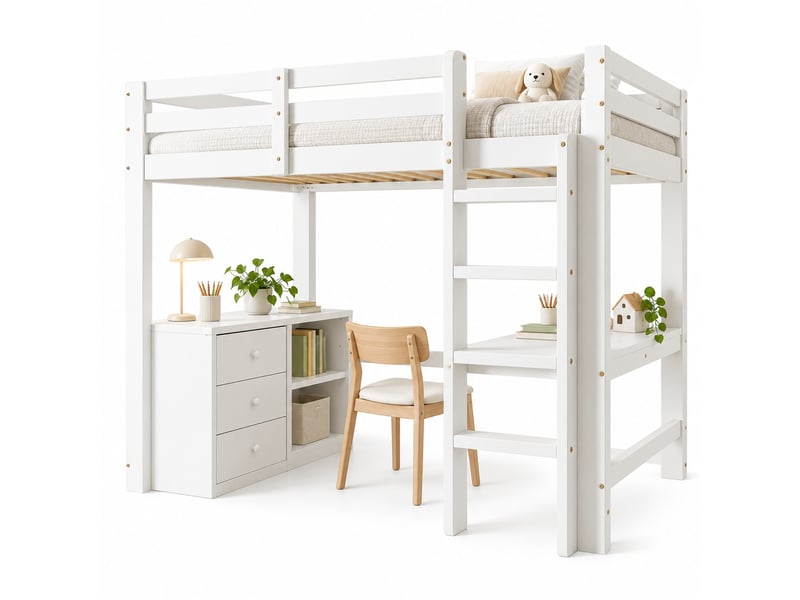 Lit mezzanine enfant 90 x 200 cm avec bureau, meuble à tiroirs, étagère et échelle 4 marches, gain de place, blanc - Conforama A