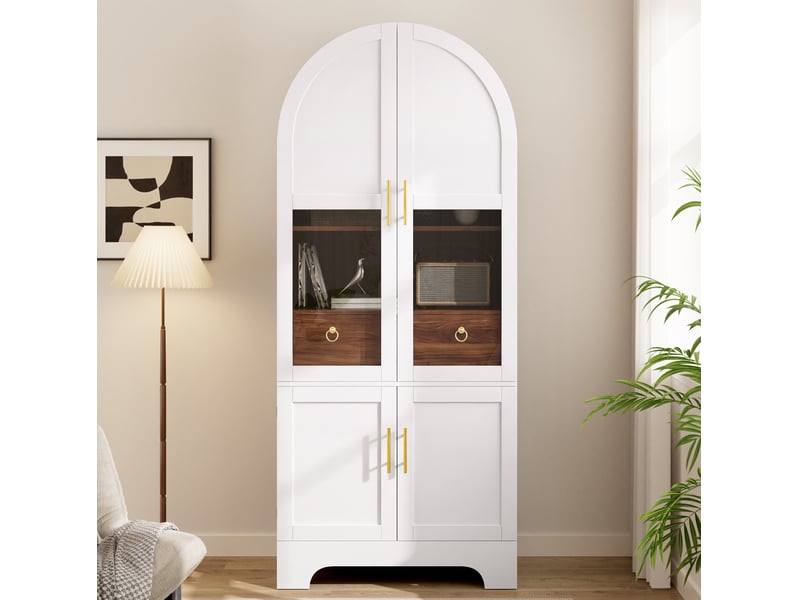  Buffet 76x40x180 cm avec façade en verre, éclairage led, 4 portes et 1 tiroir, mdf et panneau de particules, blanc  - Conforama D