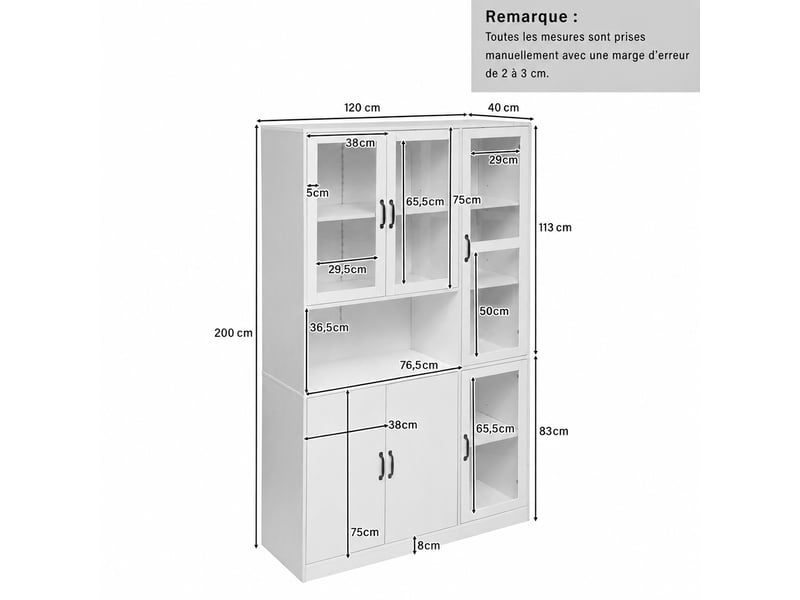  Vitrine led avec 6 portes, 9 compartiments et 4 étagères réglables, 120 x 40 x 200 cm, blanc  - Conforama C