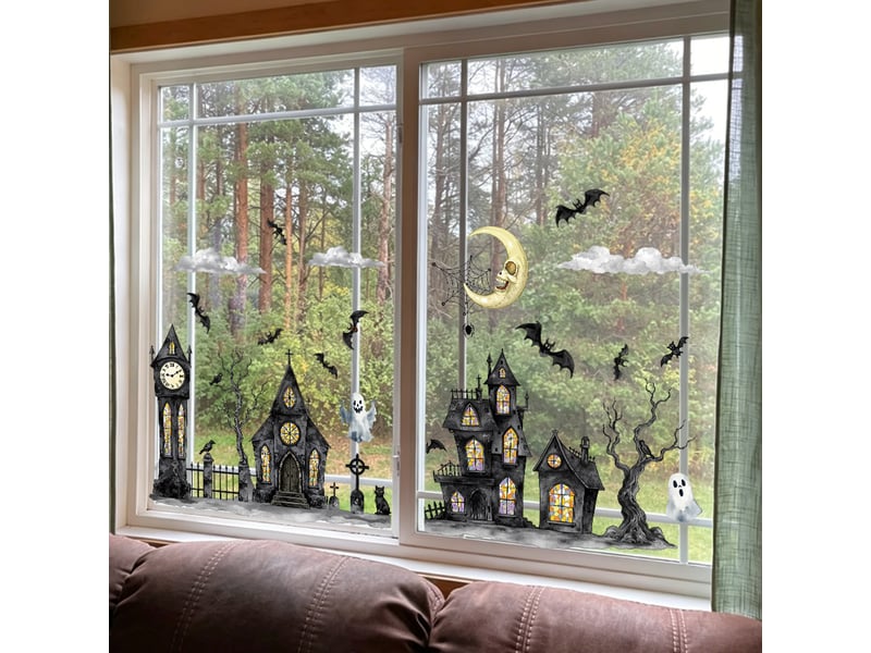  Lot de 2 décalcomanies halloween 20x30cm, motif maison hantée et fantômes – adhérence statique double face, sans colle ni résidu  - Conforama C