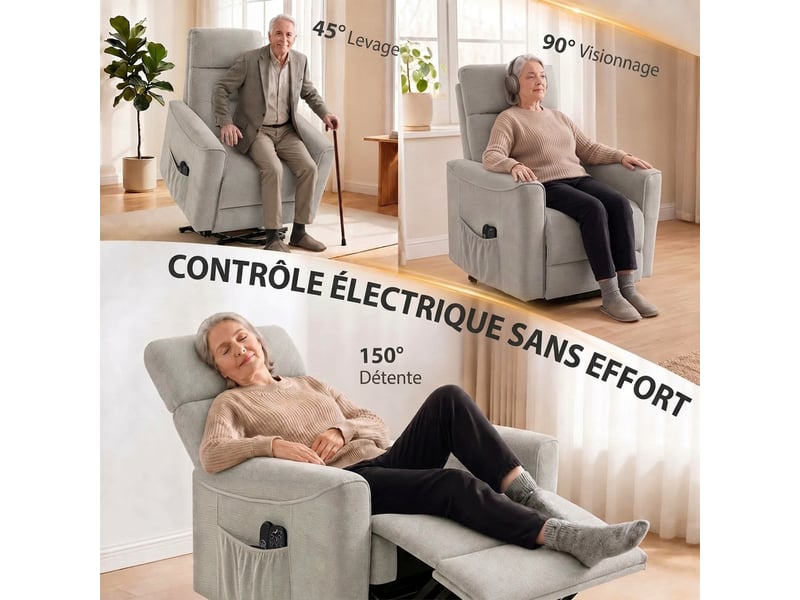  Fauteuil releveur électrique massage vibration et chaleur, fauteuil relax électrique, chenille, dossier inclinable, gris  - Conforama D