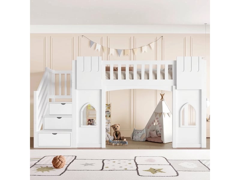  Lit mezzanine 90x200 avec escalier de rangement et fenêtres, blanc  - Conforama D