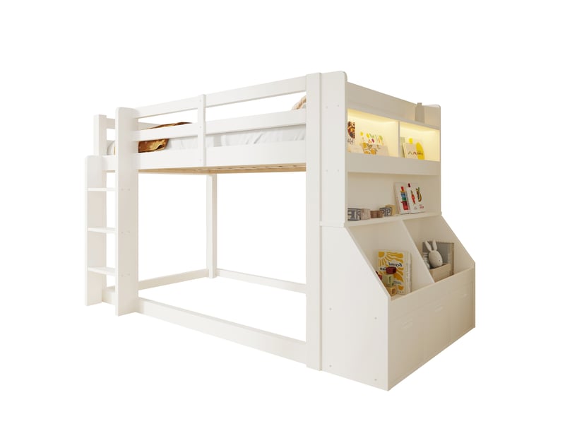  Lit mezzanine 90x200 cm avec rangements intégrés, étagères et bande lumineuse led, pour chambre d’enfant, optimisation de l’espace - blanc  - Conforama A
