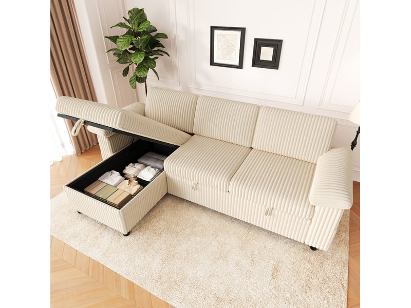  Canapé d'angle convertible 3 places avec coffre, dossier réglable, ports usb et type-c en velours côtelé beige  - Conforama D