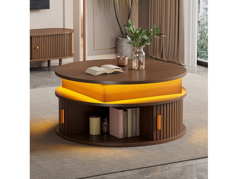  Table basse ronde relevable 75x75x52 cm en mdf coloris noyer avec led  - Conforama D