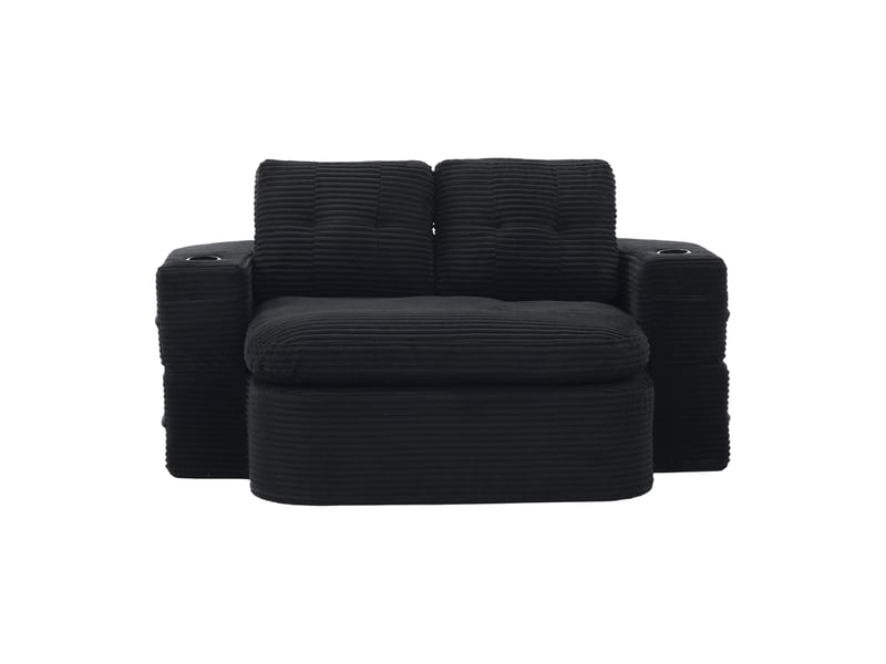 Canapé 2 places en velours côtelé noir avec accoudoirs amovibles et porte-gobelets intégrés - Conforama A