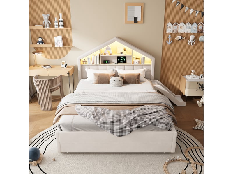  Lit cabane enfant 140x200 cm – beige – toboggan réversible, led, prise de charge et grand coffre  - Conforama E