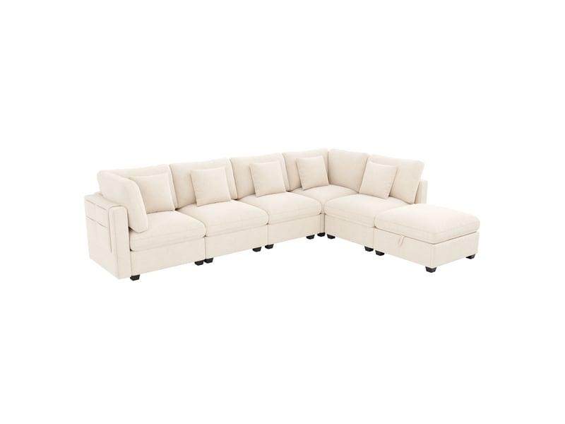  Canapé d’angle modulable avec rangement xl 6 places 370 x 147 x 81 cm grand canapé en l avec méridienne et pouf chenille beige  - Conforama A