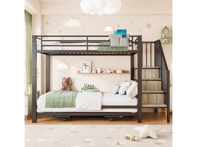 Lit superposé lit 3 places avec couchage extensible, marches et poches, 90x200 et 180x200 cm, sans matelas - Conforama B