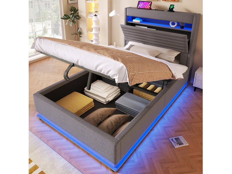  Modenvie lit coffre 90x200 cm - led reglable, ports usb et usb-c, sans matelas - gris  - Conforama B
