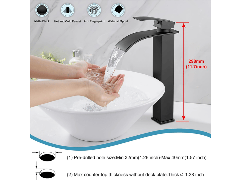  Robinet de lavabo de salle de bain cascade, robinet cascade à bec courbé, robinet de lavabo, robinet de salle de bain, noir  - Conforama B