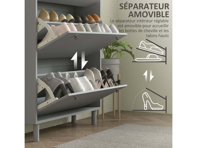  Meuble à chaussures 24 paires avec 3 tiroirs rabattables et étagères réglables, gris, 80x23,5x121cm  - Conforama R