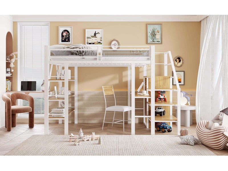  Lit mezzanine 140x200cm avec bureau et armoire - lit double - escalier avec rangement, étagères, métal blanc  - Conforama A