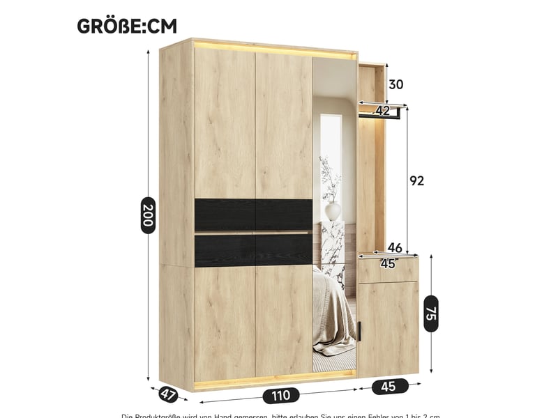  Dressing d'entrée modenvie avec miroir et éclairage led, 155 x 47 x 200 cm, 3 tringles, 5 tiroirs, mdf, anthracite et chêne  - Conforama C