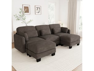 Canapé droit modulable 253 cm 3 places avec 2 poufs, coussins d’accoudoir amovibles, coussins lombaires épais à soutien renforcé, chenille, brun café