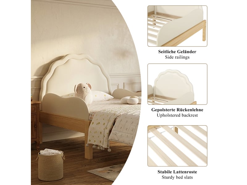  Lit enfant rembourré 90x200 cm avec tête de lit en pu, barrières latérales, sommier à lattes et cadre en bois, beige.  - Conforama D