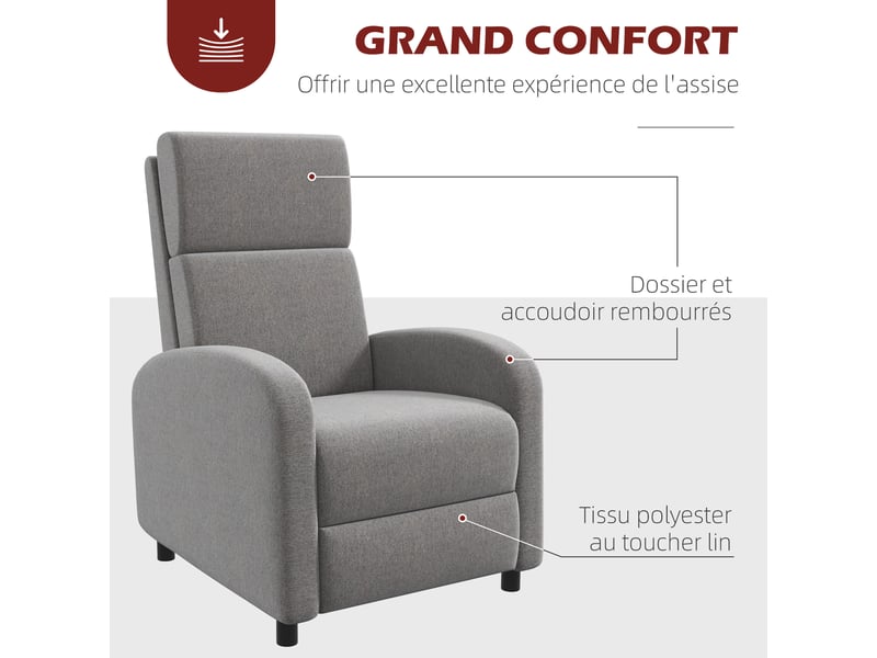  Fauteuil relax inclinable manuel en tissu gris 64x86x102 cm  - Conforama D