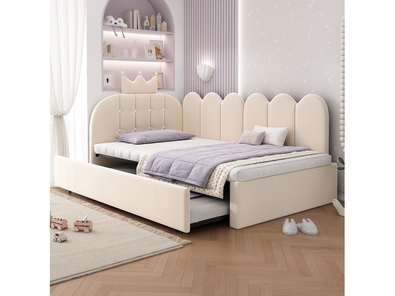  Modenvie lit gigogne 90x200 cm - velours avec lit tiroir et structure reversible, sans matelas - beige  - Conforama D