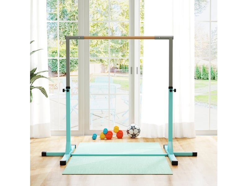 Barre fixe de gymnastique enfant réglable 92-150 cm bleu clair, acier et bois de hêtre, jusqu'à 75 kg  - Conforama B