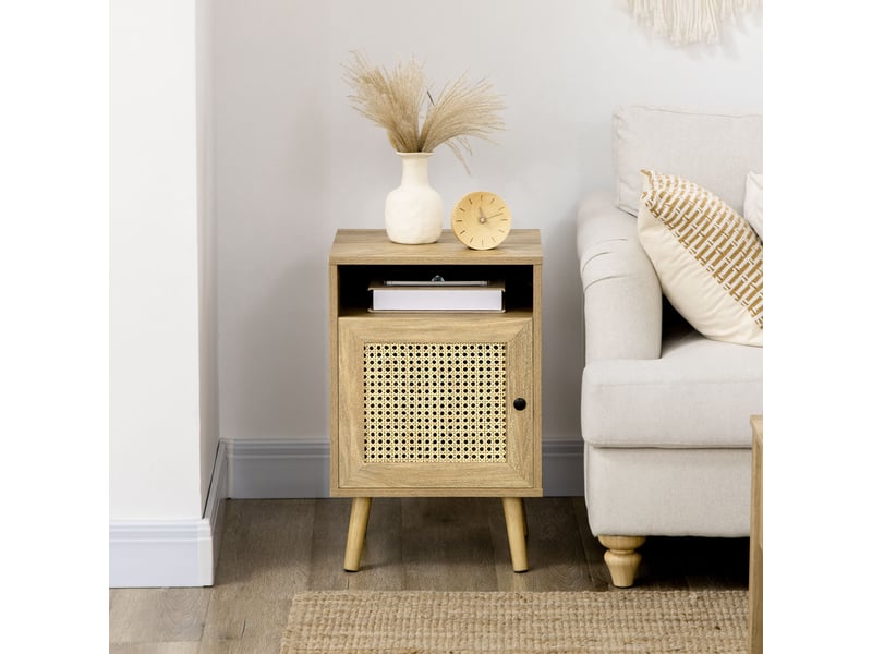  Table de chevet table de nuit avec placard porte cannage et niche design vintage naturel 39 x 35 x 60 cm  - Conforama W