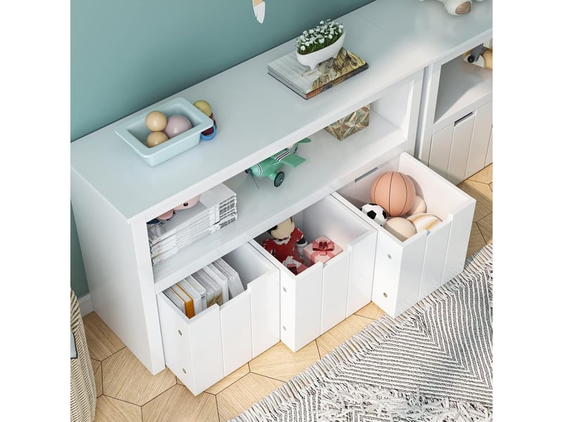  Meuble rangement jouet bibliothèque pour enfants étagère armoire de rangement avec 3 tiroirs roulants blanc 102x33x61.5cm  - Conforama B