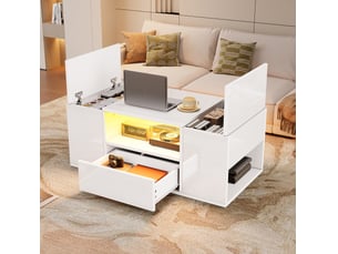 Table basse 100 x 50 x 40 cm – blanc – rangement intégré avec led, usb et finition brillante