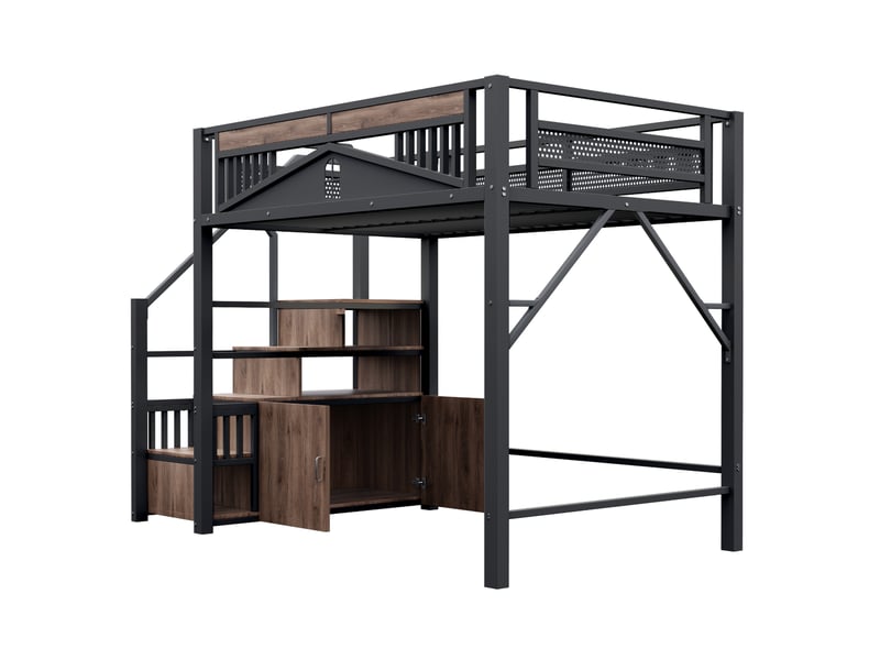  Lit mezzanine 140x200 cm avec escalier de rangement et fenêtre, noir  - Conforama E