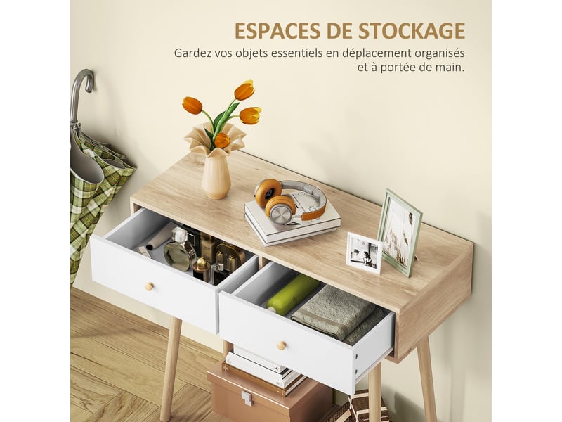  Table console avec 2 tiroirs et pieds en bois, pour salon, entrée, couloir, chêne et blanc, 86 x 35 x 75 cm  - Conforama D