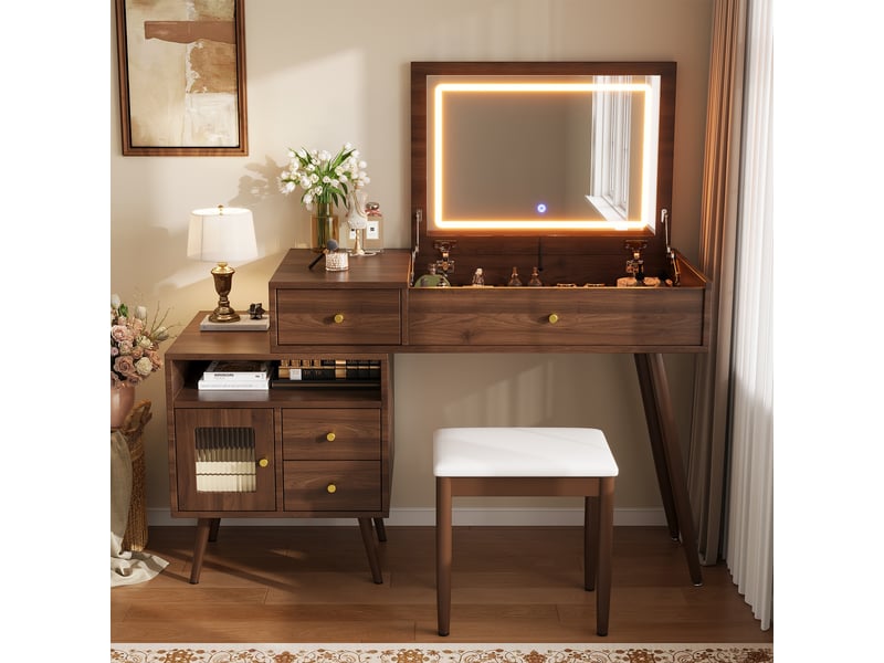  Coiffeuse bureau 120x50x77cm - led miroir pliant plateau extensible tabouret - bambou - marron CozyNest - Conforama E