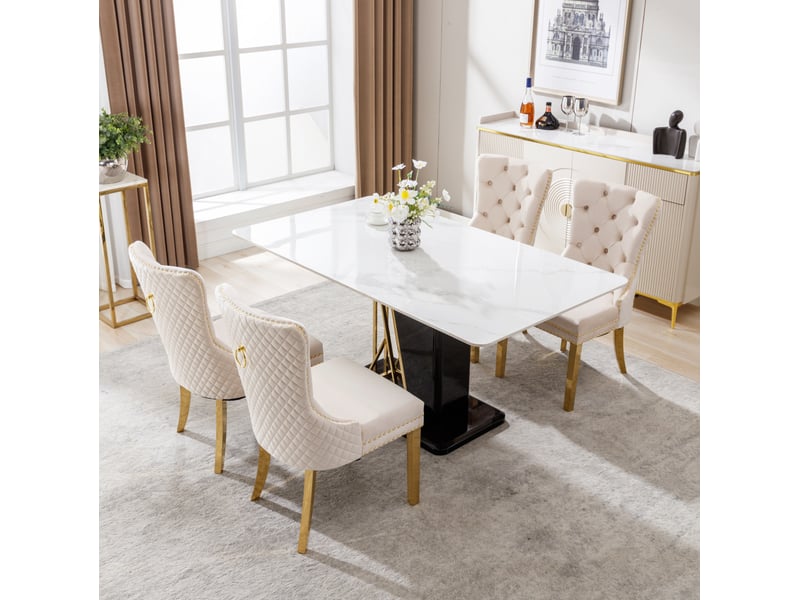  Lot de 4 chaises 65,5x51x95 cm, chaises salle à manger, velours beige, dossier heurtoir rond, pieds dorés en acier  - Conforama E