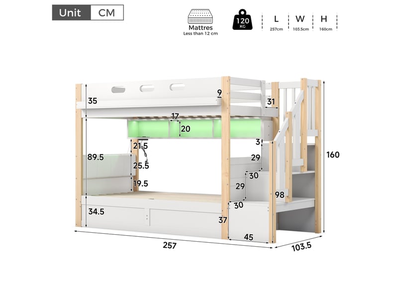 Lit superposé enfant avec lit inférieur hydraulique, rangement, led et prises usb, blanc et naturel, 90 x 200 cm - Conforama E