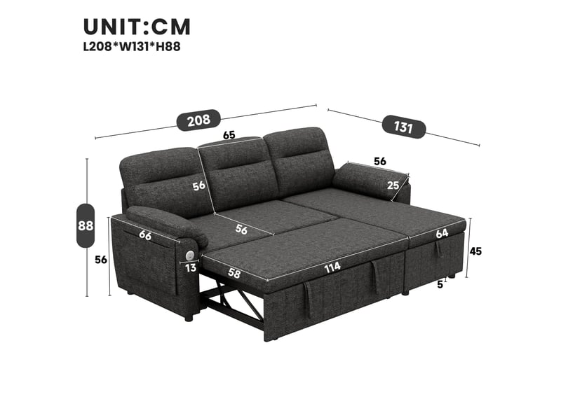  Canapé d’angle convertible 208x131x88 cm avec rangement gris  - Conforama C
